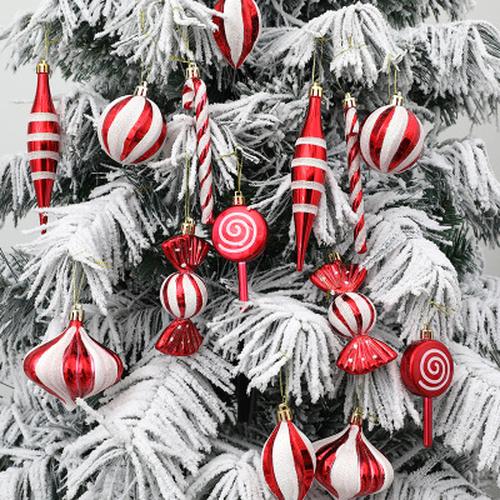 14Pcs Red Candy Cane Christmas Ball Ornaments For Xmas Tree Hanging Pendants