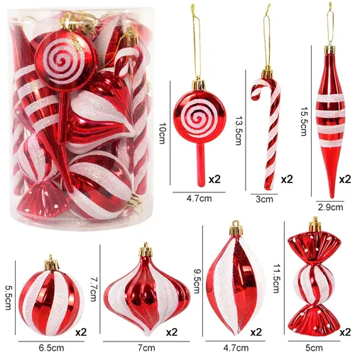 14Pcs Red Candy Cane Christmas Ball Ornaments For Xmas Tree Hanging Pendants