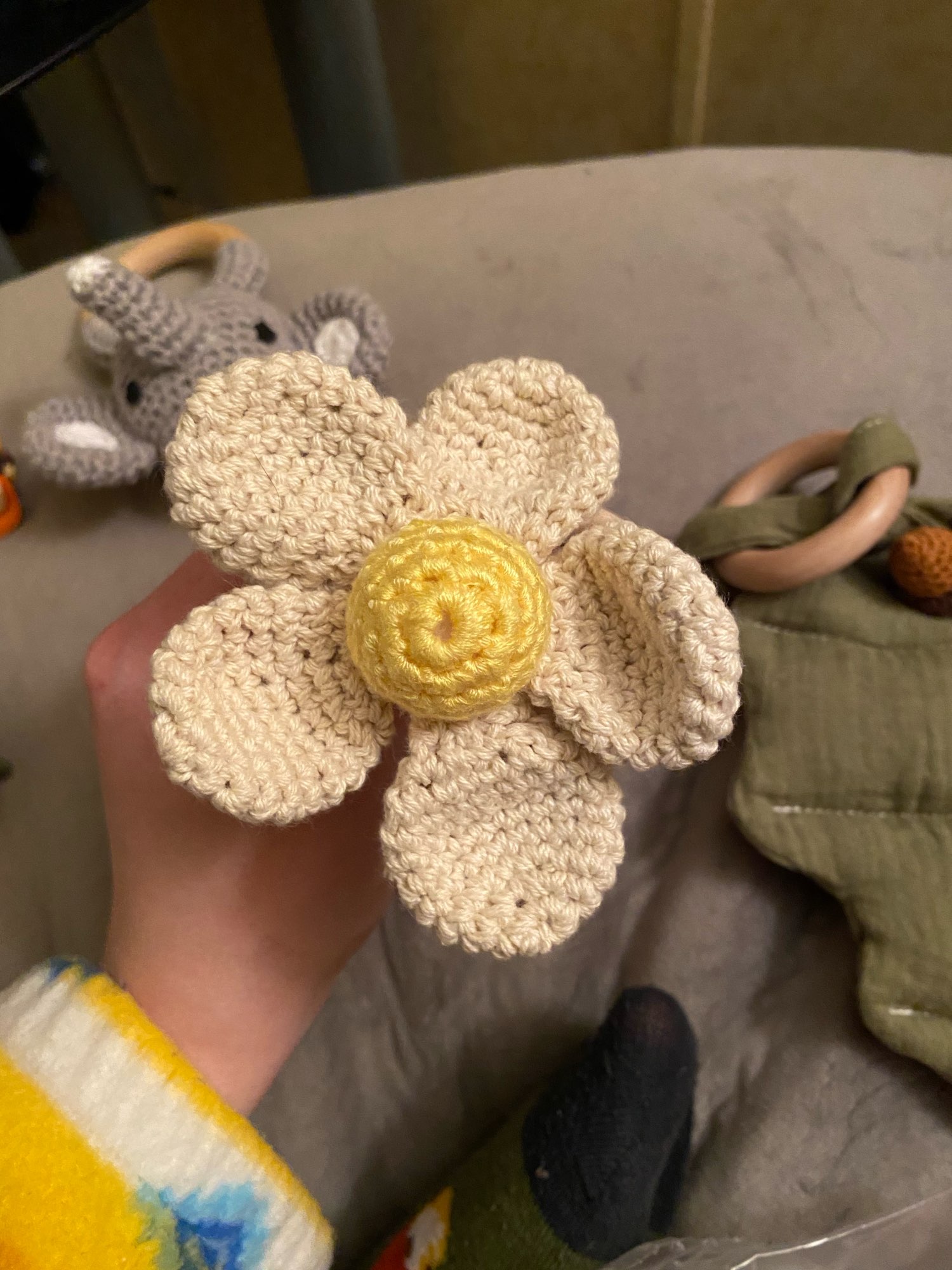 Crochet Flower Rattle Toy with Wood Ring for Baby Teething photo review