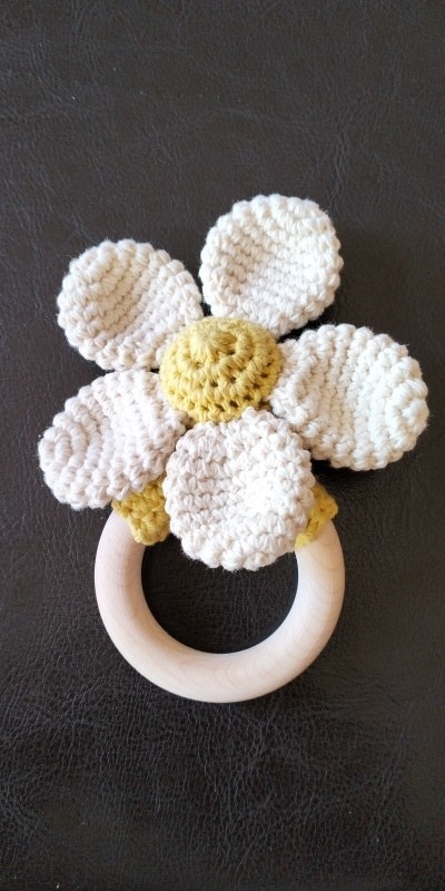 Crochet Flower Rattle Toy with Wood Ring for Baby Teething photo review