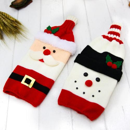 Christmas Woven Wine Bottle Bag Set With Santa Claus And Snowman Design For Home And Party Decoration