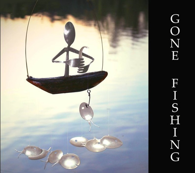 Fisherman And Spoon Fish Wind Chime Holiday Garden Art image 0