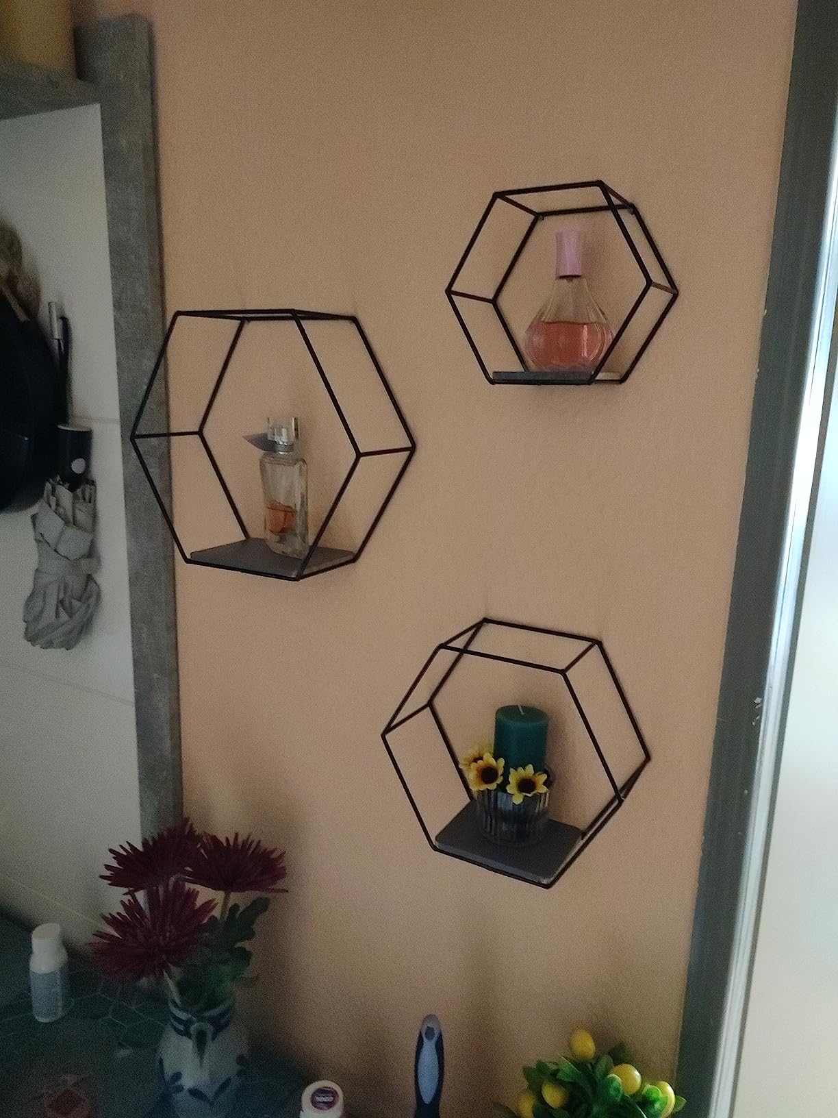 Hexagonal Shelves On Wrought Iron Wall photo review